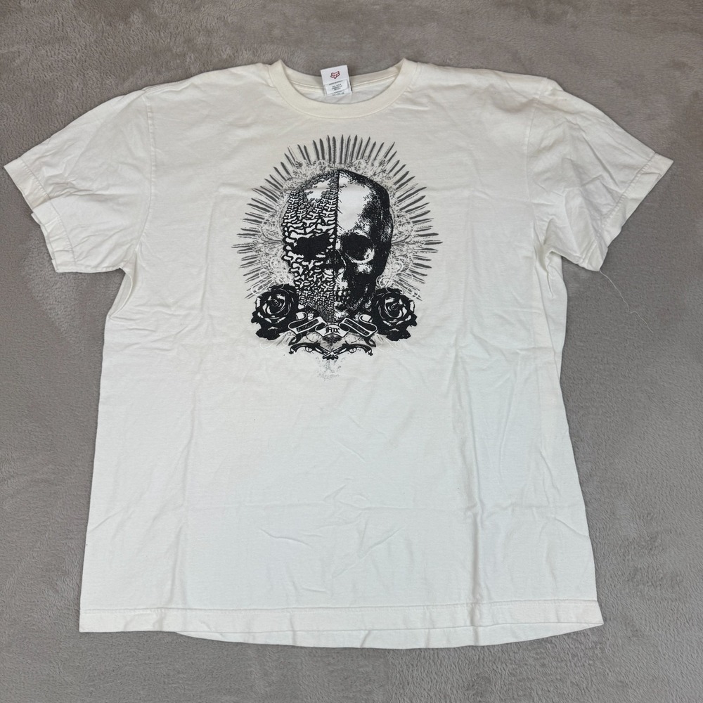 Vintage Y2K Fox Motocross Skull Shirt Mens XL White Preowned Stain Grunge Tee